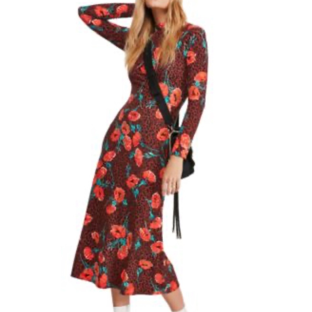 Free People Red Floral & Black Leopard Midi Dress with Teal Accents - Picture 2 of 6